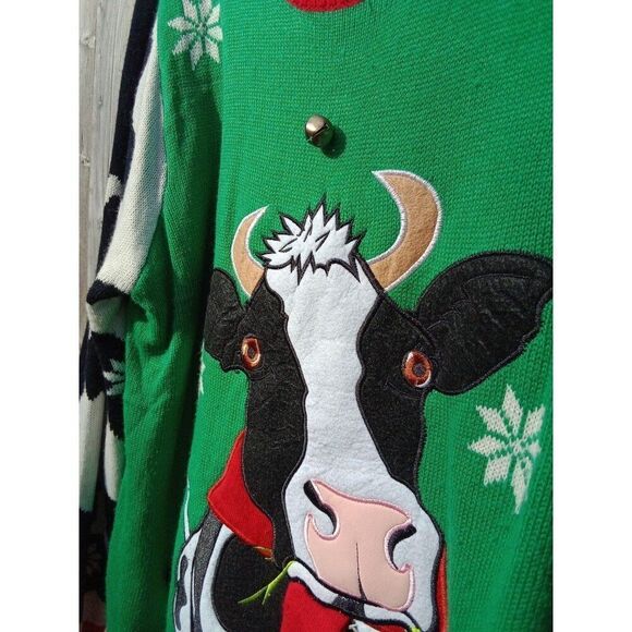 Ugly Christmas Sweater Cow w/Jingle Bells Jolly Sweaters XL Red & Green Party - Picture 3 of 6